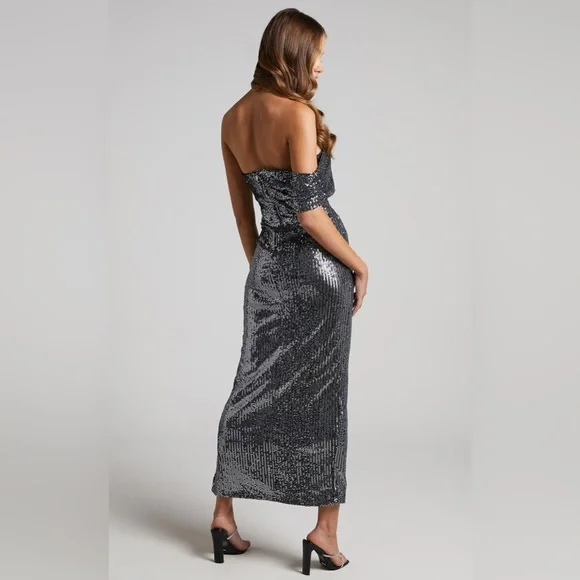 Showpo Joycee Midi Off Shoulder Thigh Split Sequin Dress in Gunmetal - Picture 3 of 6